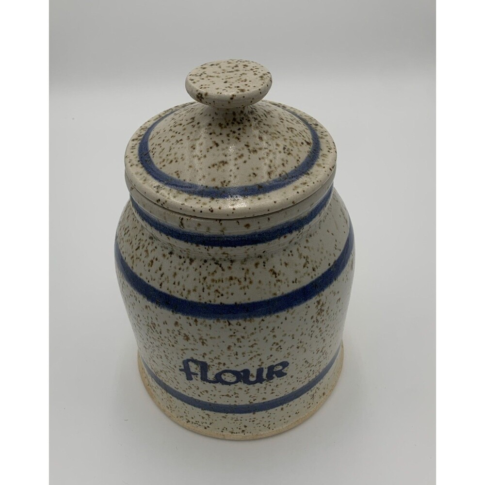 Vintage Art Pottery flour Jar with Lid white and blue strapes with brown dots